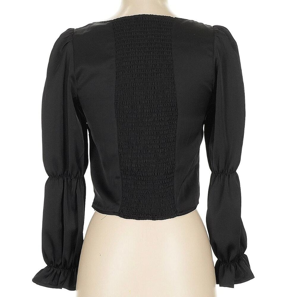 NWT Kourt Puff Sleeve Ruffle Top - Linen Cotton Blend - Sweetheart - Black - M - Picture 2 of 7